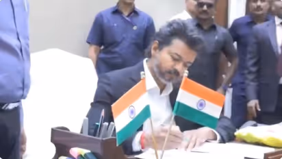 tamil nadu cm vijay first order 200 units free electricity womens safety task force anti drug campaign swearing speech