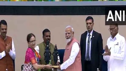 Prime Minister Narendra Modi being facilitated at 9th Marathi literary conference(Photo/ANI)
