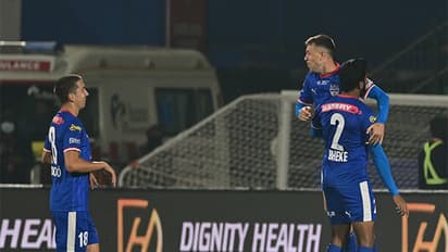 BFC's Alberto Noguera celebrating with team mates Rahul Bheke and Pedro Capo after scoring against NEUFC (Photo: ISL)