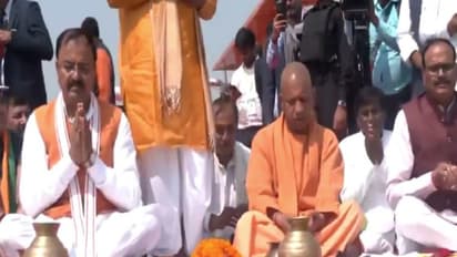 UP CM Yogi Adityanath with his cabinet members at Arail Ghat (Photo/ANI)