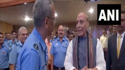 Defence Minister Rajnath Singh meets IAF officers in Bengaluru (Photo/ANI)