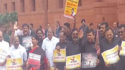 DMK MPs stage protest. (Photo/ANI)