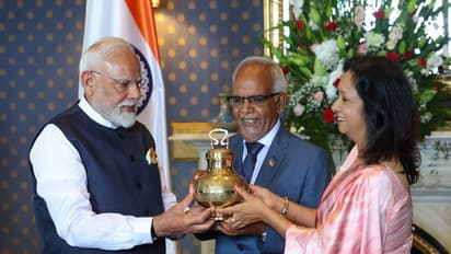 PM Narendra Modi gifts holy Sangam water from Mahakumbh to Mauritius President Dharambeer Gokhool. (Photo/ANI)