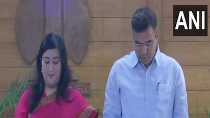 Delhi Public Works Department (PwD) Minister Parvesh Verma with BJP MP Bansuri Swaraj (Photo/ANI)