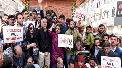 Jammu and Kashmir Chief Minister Omar Abdullah's sons Zamir Abdullah and Zahir Abdullah, stage a protest against the Pahalgam terror attack, in Srinagar (Image/ANI)