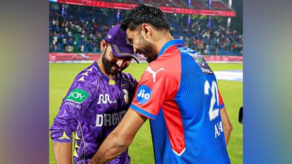 KKR skipper Ajinkya Rahane with DC captain Axar Patel (Photo: @KKRiders/X)
