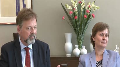 German Ambassador Dr Philipp Ackermann (left) and Dr Katja Lasch, Director of the DAAD (right) during press conference in Delhi. (Photo/ANI)