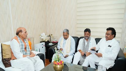 Defence Minister Rajnath Singh with Karnataka CM Siddaramaiah and Deputy CM Shivakumar (Photo/ANI)