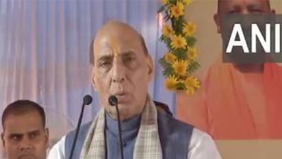 Rajnath Singh addresses a gathering at Badi Kaliji temple in Lucknow (Photo/ANI)