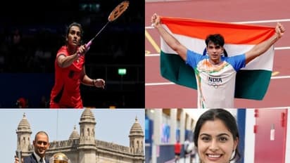 PV Sindhu, Neeraj Chopra, MS Dhoni and Manu Bhaker. (Photo: Badminton Photo/file image/ICC/@realmanubhaker