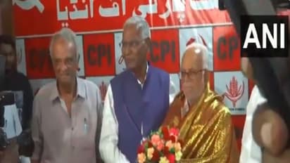 Opposition’s VP candidate, B Sudershan Reddy meets CPI MP D Raja (Photo/ANI) 