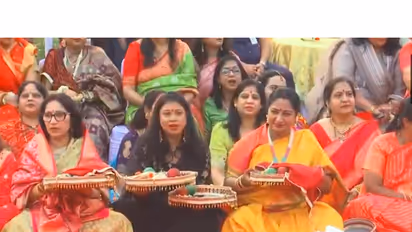 Delhi Chief Minister Rekha Gupta celebrating Karwa Chauth in her residence (Photo/ANI)