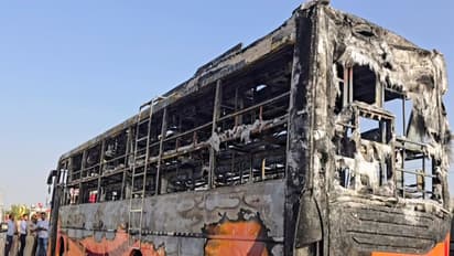 Bus enroute to Jodhpur caught fire near Thaiyat village in Jaisalmer on Tuesday. (Photo/ANI)