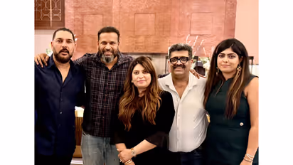 Yuvraj Singh (from left), Yusuf Pathan with India Champions owner Sumant Behl in Dubai. (Photo: ANI)