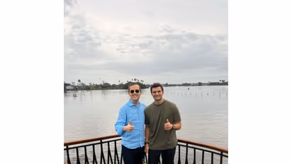 US President Donald Trump’s son-in-law Michael Boulos poses for a photograph with US Ambassador to India Sergio Gor during his visit to the Alappuzha backwaters. (Photo: X/@USAmbIndia)