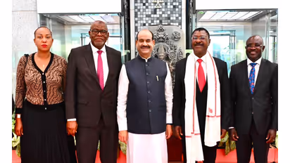 Lok Sabha Speaker Om Birla met a delegation led by Kenya National Assembly Speaker Moses M Wetang'ula (Centre-Right) (Photo/X/@ombirlakota)