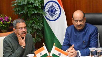 Lok Sabha speaker Om Birla and Union Education Minister Dharmendra Pradhan (Photo/ANI)