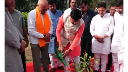 MP CM Mohan Yadav plants a sapling at NTPC campus in Singrauli (Photo/ANI)