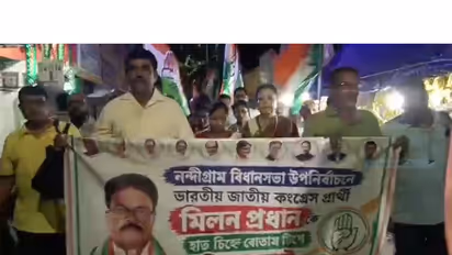 Congress candidate Milan Pradhan's wife Arpita Pradhan campaigns in support of her husband in Nandigram (Photo/ANI)