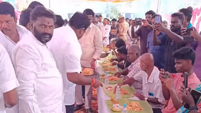Tamil Nadu Ministers serve biryani, distribute saplings in Kanchipuram as fans celebrate release of CM Vijay's final film 'Jana Nayagan' (Photo/ANI))