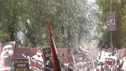 Jaipur: Police use water cannons to disperse Congress workers during protest march against NEET UG 2026 paper leak case (Photo/ANI)