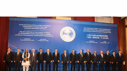 Defence Minister Rajnath Singh and other leaders pose for a group photo at the 25th meeting of the SCO Council of Heads of Government in Dushanbe. (Photo: X/@SpokespersonMoD)