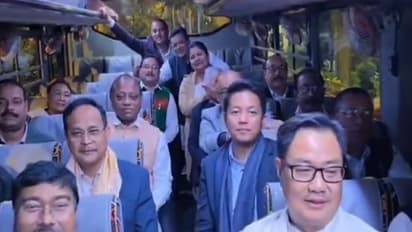 North-East NDA MPs riding a bus to Prime Minister's residence (Photo: x/@KirenRijiju)