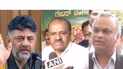 Karnataka Chief Minister D K Shivakumar, Union Minister H D Kumaraswamy and Home Minister Priyank Kharge (Photo/ANI)
