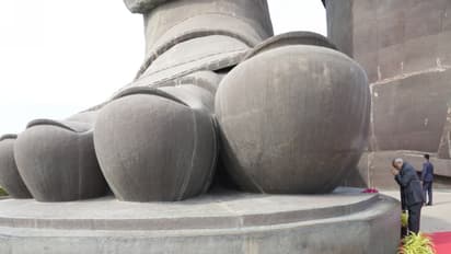 VP C P Radhakrishnan pay floral tributes to Sardar Vallabhbhai Patel at the Statue of Unity in Ekta Nagar. (Photo/ANI)