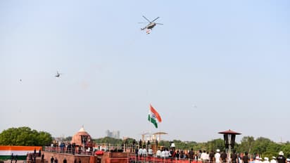 Glimpse of helicopters during flypast during full-dress rehearsal ahead of 80th Independence Day at the Red Fort, New Delhi