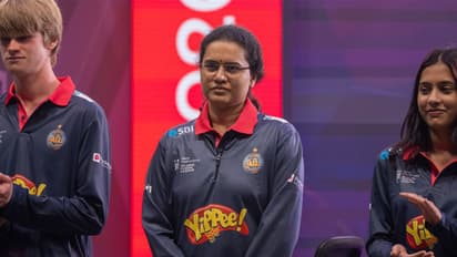 Volodar Murzin (left), Koneru Humpy (middle) and Divya Deshmukh (right) (Photo: ANI)