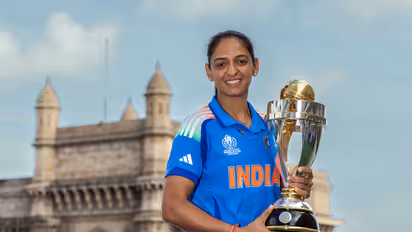 India Women's skipper Harmanpreet Kaur poses with ICC Women's World Cup 2025 title (Photo: ANI)