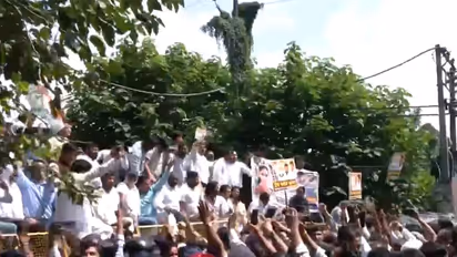 Dehradun: Congress party workers hold a massive protest demonstration in Dehradun (Photo/ANI)