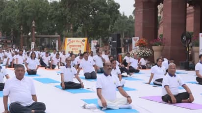 Om Birla led a yoga session with Members of Parliament in the Parliament House Complex, (Photo/ANI)