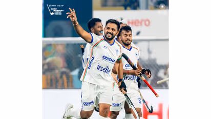 Team India celebrating. (Photo: @TheHockeyIndia X)