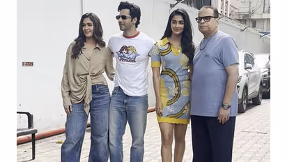 Mrunal Thakur, Varun Dhawan, Pooja Hegde, Ramesh Taurani during promotions of 'Hai Jawani Toh Ishq Hona Hai' (Photo/ANI)