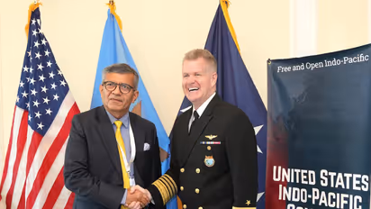 Defence Secretary Rajesh Kumar Singh holding discussions with the Commander of the USINDOPACOM (Indo-Pacific Command), Admiral Samuel J Paparo (Photo/X/@SpokespersonMoD)