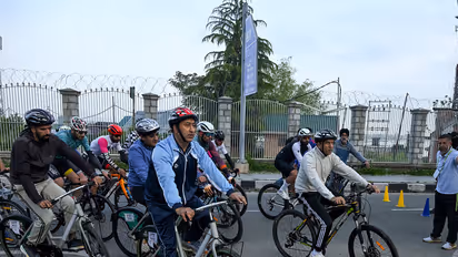 Union Minister of Youth Affairs and Sports Mansukh Mandaviya participates in the 'Fit India Sundays on Cycle' event. (Photo/ANI)