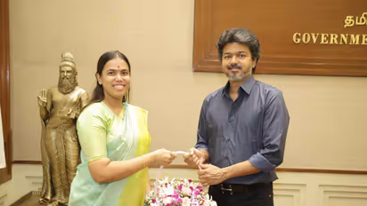 Tamil Nadu CM C joseph Vijay and Industries Minister Keerthana (Photo/ANI)