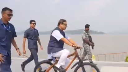 Assam CM Himanta Biswa Sarma riding a bamboo bicycle (Photo/X/@himantabiswa)
