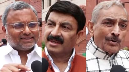BJP MP Manoj Tiwari (Centre) and Congress MPs, Pramod Tiwari (R) and Karti Chidambaram (L) (Photo/ANI)