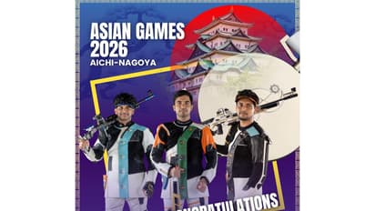 Indian shooters Parth, Himanshu and Rudrankksh. (Photo: @mansukhmandviya X)