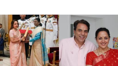 Hema Malini receives Padma Award on behalf of her husband Dharmendra (Photo/ President of India/social media), Legendary actor Dharmendra with Hema Malini (Photo/ X/ @dreamgirlhema)
