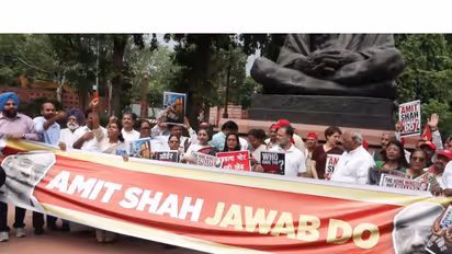 Visual from the protest in Parliament (Photo/ANI)