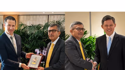 Defence Secretary Rajesh Kumar Singh meets Defence Minister of New Zealand Chris Penk (left) and Minister for Defence of Singapore Chan Chun Sing (Photo/X/@SpokespersonMoD)