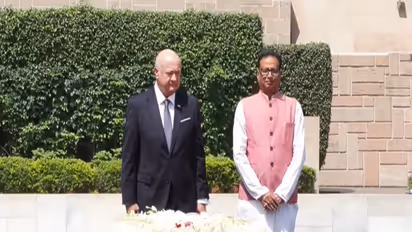 Austrian Federal Chancellor Christian Stocker and his wife Gerda Stocker Legenstein paid tribute to Mahatma Gandhi at Rajghat. (Photo/ANI)