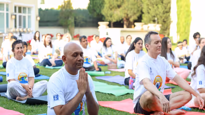 Ambassador Abhay Kumar participates in special yoga session organised at Embassy of India in Baku (Photo/X/@indembassybaku)