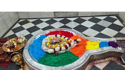 Shivling at Shri Chandreshwar Mahadev Temple adorned with colours (Photo/ANI)