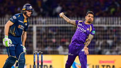 KKR's Sunil Narine bowling against GT in IPL 2026. (Photo/ANI)