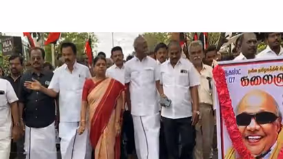 DMK workers take part in a peace rally in Thoothukudi on M. Karunanidhi's 8th death anniversary. (Photo: ANI)